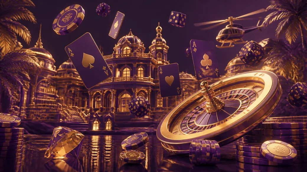 Stylized floating poker chips and cards, glowing in two-color palette for Villaspin casino theme.