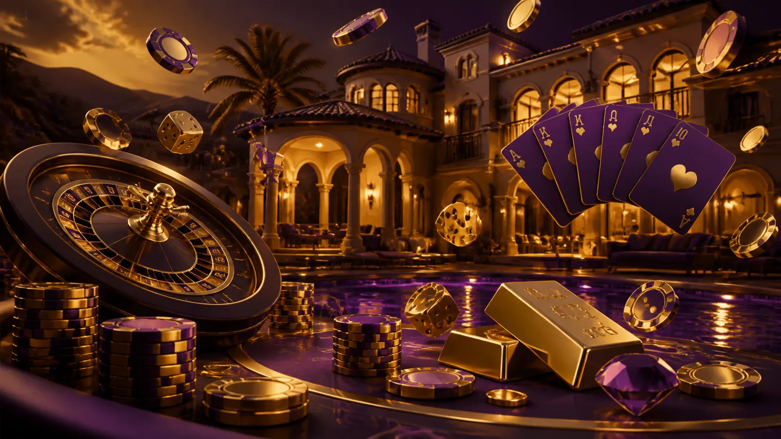 Luxury casino-themed hero banner for Villaspin in glossy 3D render, showcasing poker chips, roulette wheel, and neon lights.